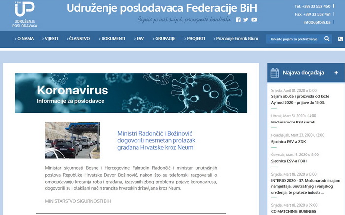 UPFBiH na web stranici pokrenuo servis 'Koronavirus- informacije za poslodavce'