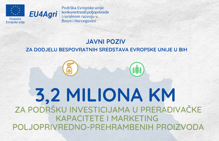 Novi javni poziv za projekt Evropske unije EU4AGRI - 3,2 miliona KM podrške