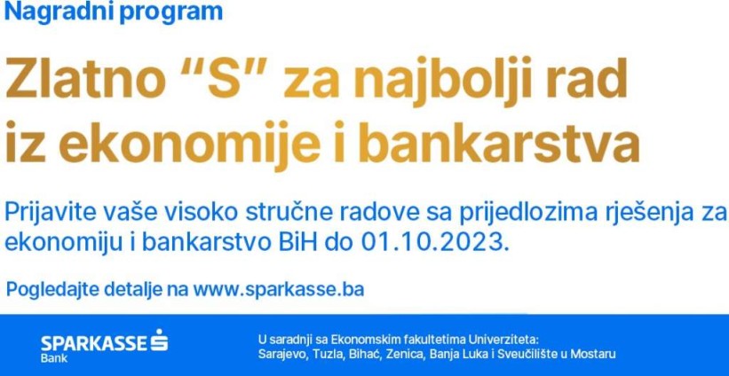 Otvoren poziv za prijave za nagradu Sparkasse Banke za najbolji rad iz ekonomije i bankarstva